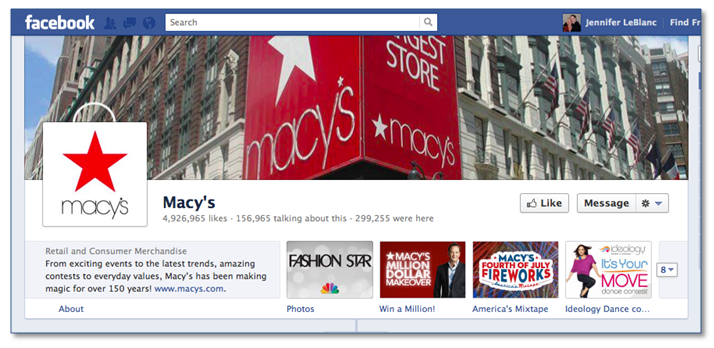 See the “Win a Million” call to action (custom image and text on an app) on the Macy's page. 